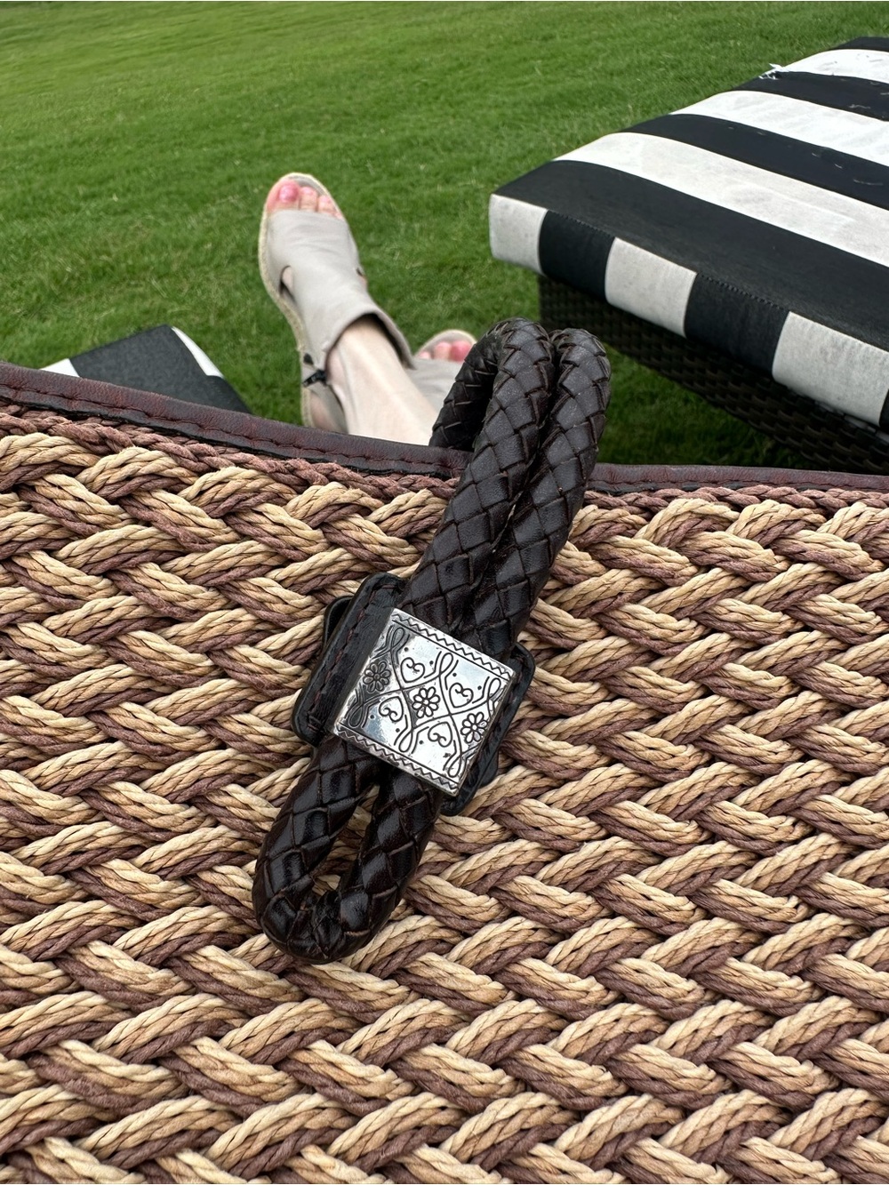 Brighton Woven Straw / Jute Crossbody Bag with Dark Brown Genuine Leather - Picture 4 of 10